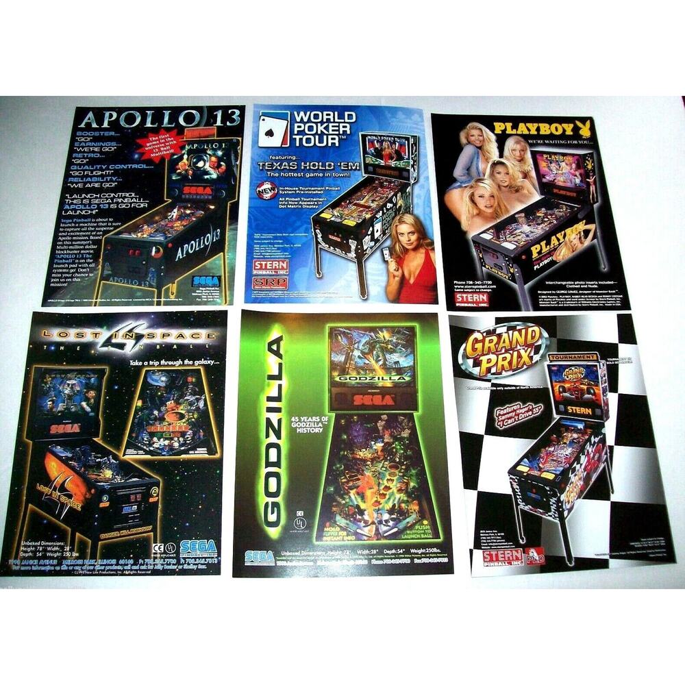 Pinball Machine Flyers (6) Playboy Apollo 13 Godzilla Grand Prix Stern Apollo 13